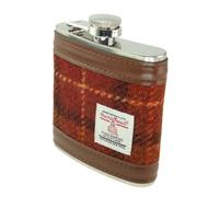 Harris Tweed Stainless Steel Hip Flask, 6oz, Gift Box Included, Multiple Colors Available (Brown with Orange Overcheck)