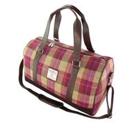 Harris Tweed Weekender Travel Bag Wool Tartan Zip Closure Adjustable Strap, Burgundy & Sand Tartan, Classic