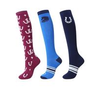 Harrison Howard 3 Pairs Premium Quality Equestrian Riding Socks for Horse Riding &Tall Boot Knee High Socks for Women, Blue Horse Icon/Navy Horseshoe/Rose Star Horseshoe, One size