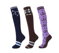 Harrison Howard 3 Pairs Premium Quality Equestrian Riding Socks for Horse Riding &Tall Boot Knee High Socks for Women, Horse Hardware/Coffee Diamond Grid/Purple Horseshoe Print, One size