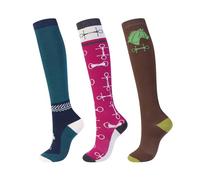 Harrison Howard 3 Pairs Premium Quality Equestrian Riding Socks for Horse Riding &Tall Boot Knee High Socks for Women, Coffee Horse/Rose Bit/Royal Horsery, One size