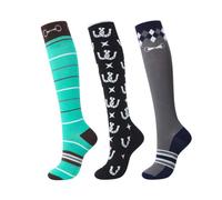 Harrison Howard 3 Pairs Premium Quality Equestrian Riding Socks for Horse Riding &Tall Boot Knee High Socks for Women, Green Color Bar/Black Horseshoe Print/Grey Diamond Grid, One size