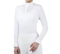 Harrison Howard Equestrian Pleated Bib Show Shirt Rider Top Horse Riding Long Sleeve with Embroidery, White, L