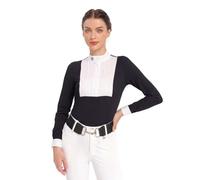 Harrison Howard Equestrian Pleated Bib Show Shirt Rider Top Horse Riding Long Sleeve with Embroidery, Navy, L