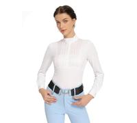 Harrison Howard Equestrian Pleated Bib Show Shirt Rider Top Riding Long Sleeve with Embroidery, White/Opulent Garden, M