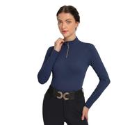 Harrison Howard Long Sleeve Rider Top Stand Collar Breathable Comfortable Stretchy with Embroidery Detailing Form-Flattering Rider Top for Shows Competition, Navy, M