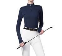 Harrison Howard Long Sleeve Rider Top Stand Collar Breathable Comfortable Stretchy with Embroidery Detailing Form-Flattering Rider Top for Shows Competition, Navy, M