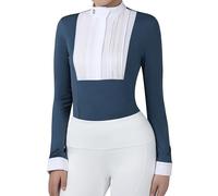 Harrison Howard Pleated Big Rider Top Horse Riding Shirt Long Sleeve Riding Show Shirt with Lace Trims, Peacock Blue, S