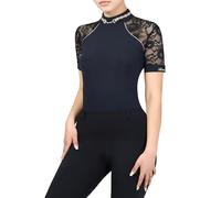 Harrison Howard Short Sleeve Equestrian Lace Competition Show Shirt with Iconic Bit Breathable Comfortable Rider Top, Black, S