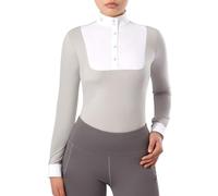 Harrison Howard Women's Equestrian Long Sleeve Riding Top Show Shirt Patchwork Design, Light Grey, S