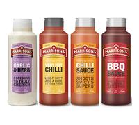 Harrison Multiple Sauces - Pack of 4 Sauce Bottles 1 Litre Each (BBQ sauce, Chilli Sauce, Very Hot Chilli Sauce and Garlic Herb Sauce) - No Artificial Color or Flavor - Made in UK