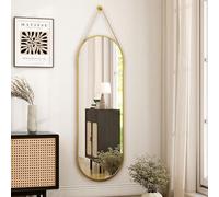 HARRITPURE Full Length Mirror Oval Hanging Mirror 16"x48" with Leather Strap Aluminum Frame Wall-Mounted Hanging Mirrors for Bathroom Vanity Living Room Bedroom Entryway, Gold