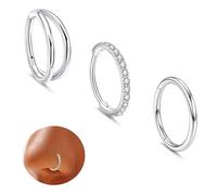 Harry and Henry 3Pcs Nose Rings Hoops for Women Fake Nose Ring 316L Surgical Steel Double Hoop Nose Rings CZ Septum Conch Clicker Lip Rings Nose Piercing Jewelry, 8 UK, Metal, No Gemstone