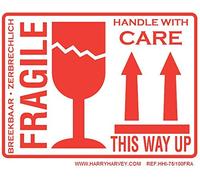 Harry Harvey 100 Fragile/This Way Up Labels - Red & White Self-Adhesive Pack | Strong Adhesive Warning Stickers with Arrows for Shipping, Postal Parcels & Fragile Packages