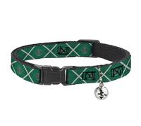Harry Potter Breakaway Cat Collar With Bell, Plastic Clip, Easy Adjustable, Harry Potter Slytherin Crest Plaid Greens Gray, 8.5 to 12 Inches 0.5 Inch Wide