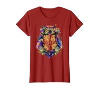 Harry Potter Hogwarts Multi-Coloured Floral Crest T-Shirt, Women, Cranberry Red, Small