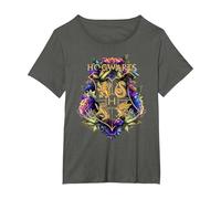 Harry Potter Hogwarts Multi-Coloured Floral Crest T-Shirt, Women's Plus, Asphalt Grey, 4X