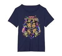 Harry Potter Hogwarts Multi-Coloured Floral Crest T-Shirt, Women's Plus, Navy Blue, 4X