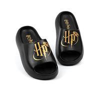 Harry Potter Kids Sliders | Black Moulded Sandals For Boys & Girls | Golden Snitch HP Logo Beach Shoes | Hogwarts Magic Summer Pool Shoes | Slip-on Footwear Movie Merchandise Gift for Children