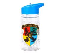 Harry Potter Kids Water Bottle with Straw, 450 ml BPA-Free Plastic School Drinks Bottle, Leak-Proof Flip-Top Lid and Integrated Carry Handle, Hogwarts Crest Design for Boys and Girls, Blue Lid