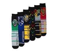 Harry Potter Mens Socks - Hufflepuff, Ravenclaw, Slytherin, Gryffindor House Crest 6 Pack Crew Sock Set, Shoe Size 6-12, Black, 8-12