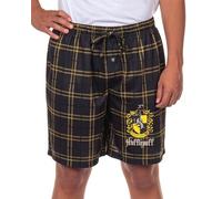Harry Potter Pajamas Mens Hufflepuff House Crest Plaid PJ Lounge Shorts (Black, X-Large)