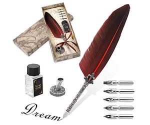 Harry Potter Quill and Ink Set - Antique Feather Handmade Calligraphy Beginners Set for English Writing, Vintage Stationery Gift with Nib Bases and Bottle, Cosplay Prop (Red)