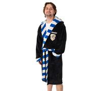 Harry Potter Ravenclaw Unisex Black & Blue Hooded Bathrobe | Cosy Fleece Material for Lounging & Bathing | Long Sleeve Retro Striped Design Merch - X-Large