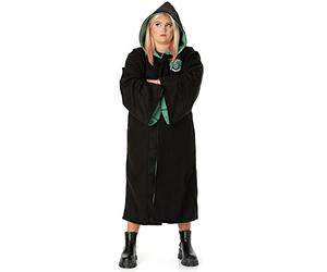 Harry Potter Slytherin Dressing Gown - Hooded Fleece Bathrobe with Embroidered Crest - Adult Hogwarts Robe Loungewear - Gifts for Men, Women, Teens