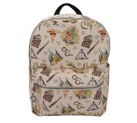 Harry Potter Tattoo Art Cream Color Vegan Leather Backpack Featuring Newly Released Whimsical Icon Watercolor Allover Print 16 Inches Adjustable St