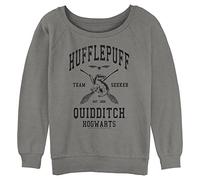 Harry Potter Women's Deathly Hallows Hufflepuff Quidditch Seeker Invert Junior's Raglan Pullover with Coverstitch, Gray Heather, Medium