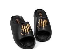 Harry Potter Womens Sliders | Black Moulded Sandals for Ladies | Golden Snitch HP Logo Beach Shoes | Hogwarts Magic Summer Pool Shoes | Slip-on Footwear Movie Merchandise Gift for Adults