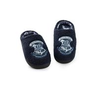 Harry Potter Womens Slippers | Hogwarts Emblem Logo Indoor Fur Mules for Ladies in Blue | School of Witchcraft and Wizardry Slip On House Shoes for Adults and Teens | Wizard Movie Merchandise Gift