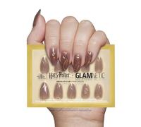 Harry Potter™ x Glamnetic Press On Nails - Golden Cup™ | Semi-Transparent Brown 3D Graphic Short Almond False Nails, Reusable Stick On Fake Nails with Glue | Salon Quality | 15 Sizes - 30 Nail Kit