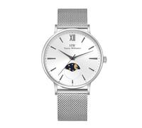 Harry Williams Men's Quartz Watches. All Stainless Steel Fashion and Business Watch for Men, 3 ATM Waterproof. Moon Phase Series, White with silver mesh strap, Fashion Mens Watch