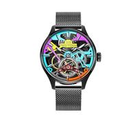 Harry Williams Men's Skeleton Mechanical Watches 3 Hands Automatic Watch Self-Winding Wristwatch 5ATM Waterproof Graffiti Design & Precision Engineering, Black with Stainless Steel Strap, Fashion Mens