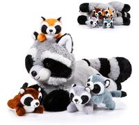 Harrycle 5 Pcs Raccoon Stuffed Animal Set Adorable Mommy Raccoon Plush with 4 Cute Babies in Tummy Soft Cuddly Plushie for Birthday Woodland Party Decor(Lovely Style)