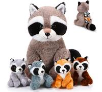 Harrycle 5 Pcs Raccoon Stuffed Animal Set Adorable Mommy Raccoon Plush with 4 Cute Babies in Tummy Soft Cuddly Plushie for Birthday Woodland Party Decor(Cuddly Style)