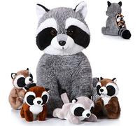 Harrycle 5 Pcs Raccoon Stuffed Animal Set Adorable Mommy Raccoon Plush with 4 Cute Babies in Tummy Soft Cuddly Plushie for Birthday Woodland Party Decor(Cute Style)