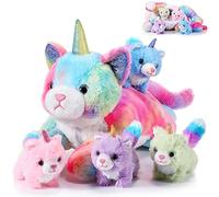Harrycle 5 Pieces Caticorn Plush Toy Set 16 Inch Mommy Cat Unicorn Stuffed Animal with 4 Cute Plush Baby Kittens for Boys Girls Rainbow Caticorn Toy Set for Birthday Gifts Party Favors