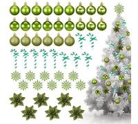 Harrycle 50 Pcs Green Christmas Tree Decorations Christmas Baubles Small Ball Ornaments Artificial Glitter Snowflake Decorative Poinsettia Flowers Candy Cane for Xmas Tree Topper Outdoor Home