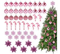 Harrycle 50 Pcs Pink Christmas Tree Decorations Christmas Baubles Small Ball Ornaments Artificial Glitter Snowflake Decorative Poinsettia Flowers Candy Cane for Xmas Tree Topper Outdoor Home