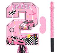 Harrycle Number 2 Piñata Pink Race Car Party Decorations Racing Cars Pull String Piñata 2 with Stick Blindfold Checkered Wheel Pink Two Fast Birthday Decorations Girl Let's Go Racing Party Supplies