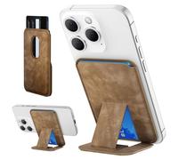 HARRYFIT Magnetic Wallet Stand for iPhone 15/14/13/12, 3-Card Holder, Vegan Leather, RFID Blocking, Brown, Stick-on Cell Phone Card Holder for iPhone