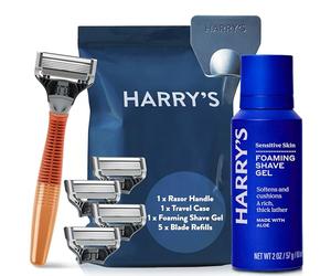 Harry's Razors for Men - Men's Razor Set with Bright Orange Handle, 5 Razor Blade Refills, Travel Blade Cover, 60ml Shave Gel