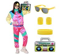 Harsever 80s Shell Suit Costume for Adult, 80s Retro Tracksuit for Men Women, 1980s Disco Fancy Dress with Headband Wristbands Glasses Inflatable Radio for Halloween Carnival Party (Pink, XL)