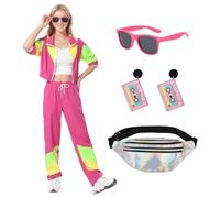 Harsever 80s Shell Suit Costume for Adult, 80s Retro Tracksuit for Men Women, 1980s Disco Fancy Dress with Headband Wristbands Glasses Inflatable Radio for Halloween Carnival Party (Rose red, XL)