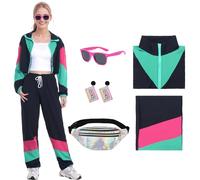 Harsever 80s Shell Suit Costume for Adult, 80s Retro Tracksuit for Men Women, 1980s Disco Fancy Dress with Headband Wristbands Glasses Inflatable Radio for Halloween Carnival Party (Dark green, S)
