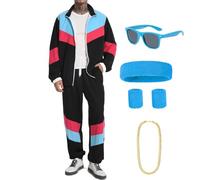 Harsever 80s Shell Suit Costume for Adult, 80s Retro Tracksuit for Men Women, 1980s Disco Fancy Dress with Headband Wristbands Glasses Inflatable Radio for Halloween Carnival Party (Blue Black, S)