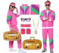 Harsever 80s Shell Suit Costume for Adult, 80s Retro Tracksuit for Men Women, 1980s Disco Fancy Dress with Headband Wristbands Glasses Inflatable Radio for Halloween Carnival Party (Red, M)